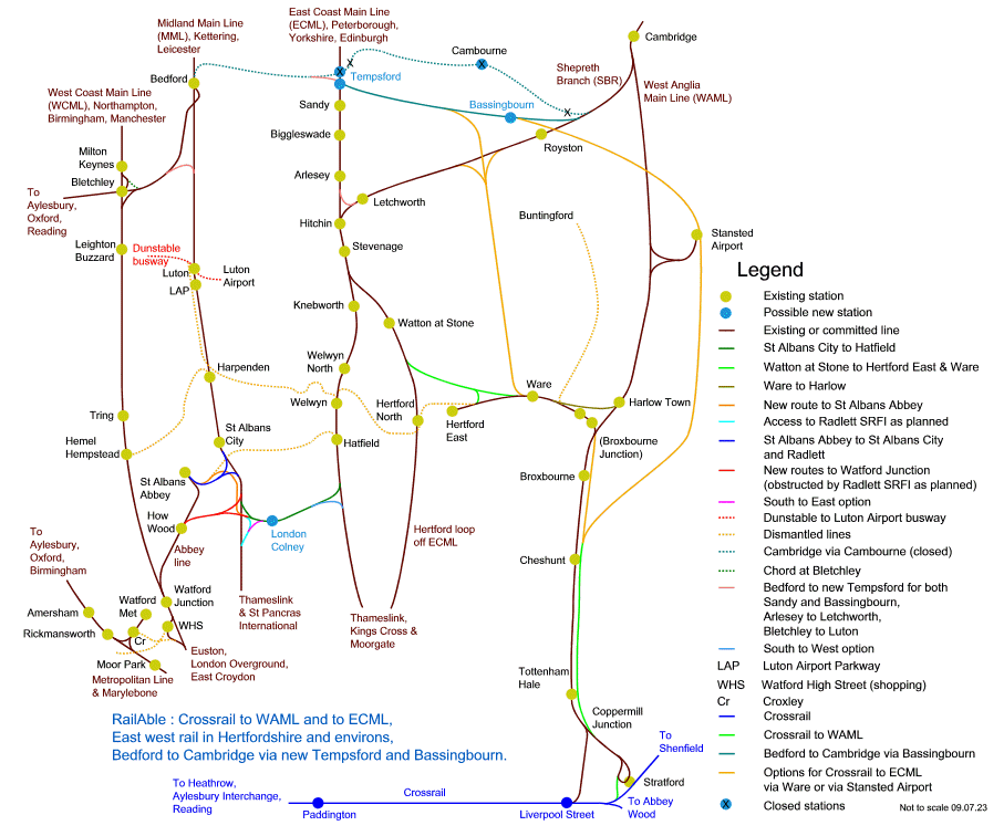 Crossrail to WAML and to ECML, East west rail in Hertfordshire and environs, Bedford to Cambridge via Tempsford and Bassingbourn.