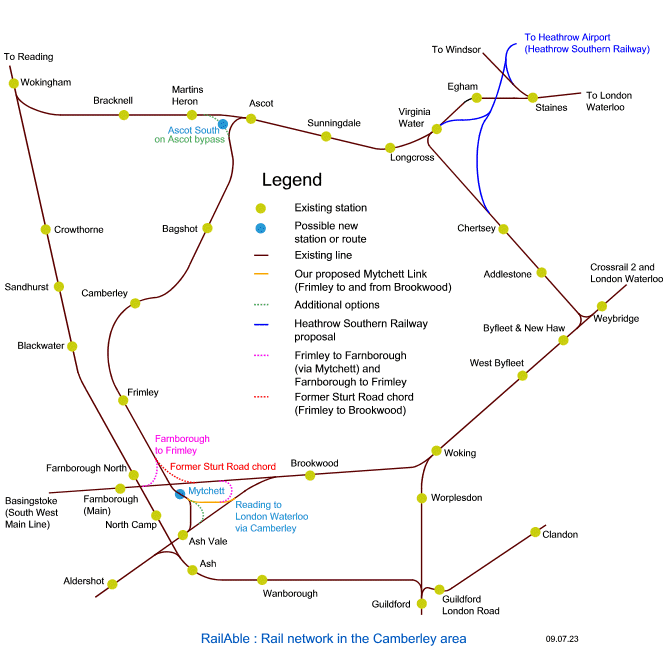 Rail network in the Camberley area