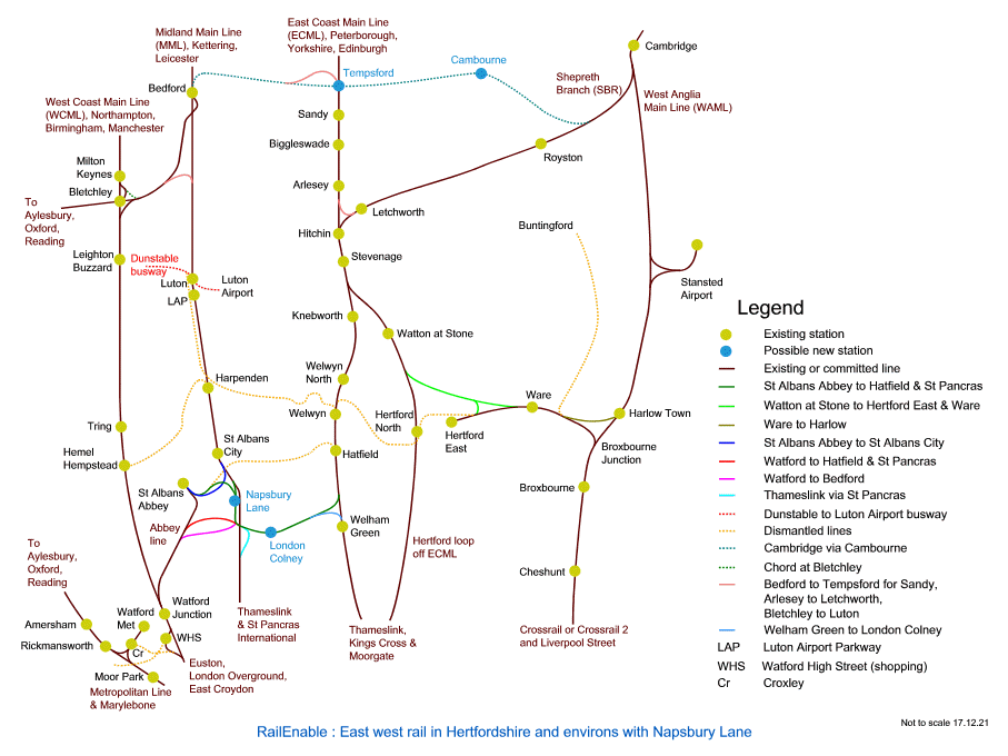 East west rail in Hertfordshire and environs with Napsbury Lane