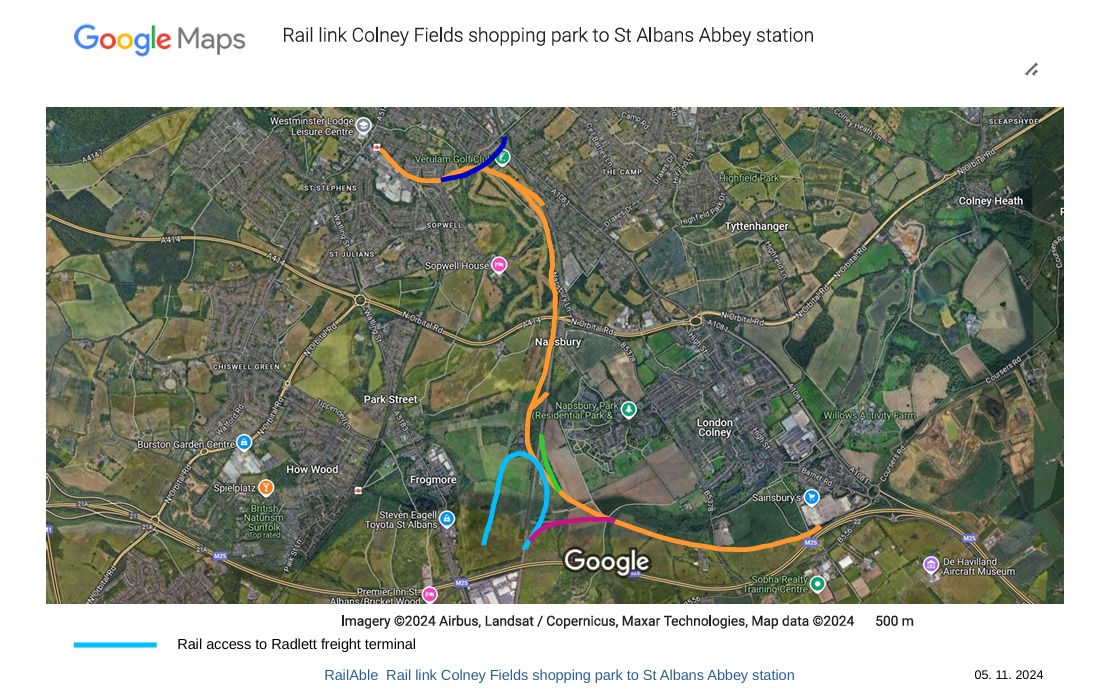 Rail link Colney Fields shopping park to St Albans Abbey station